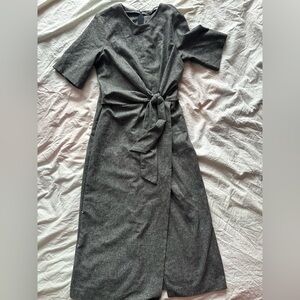 Zara Gray Tie Waist Midi Dress Short Sleeve Wrap Style Front Slit Minimal S